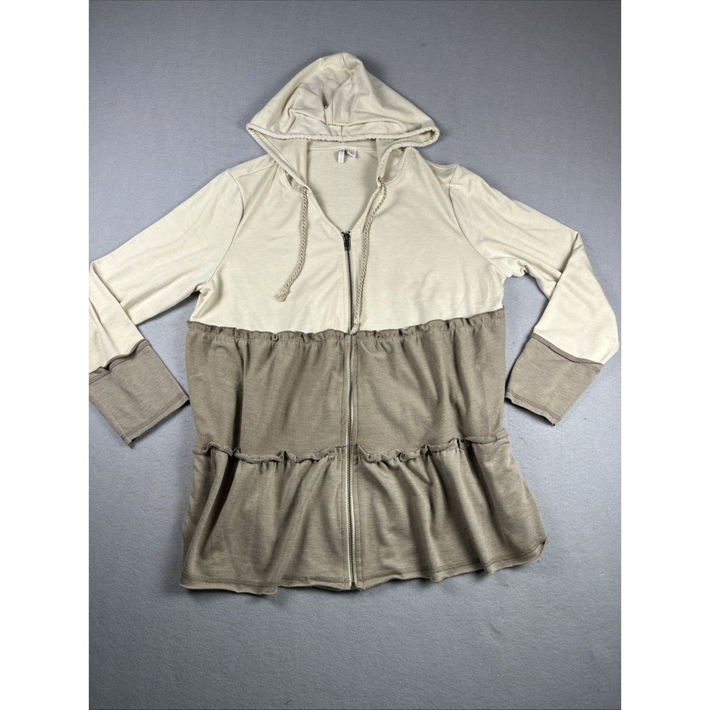Cato Ruffle Zip Hoodie Women Large Neutral Colorblock Tiered Boho Jacket